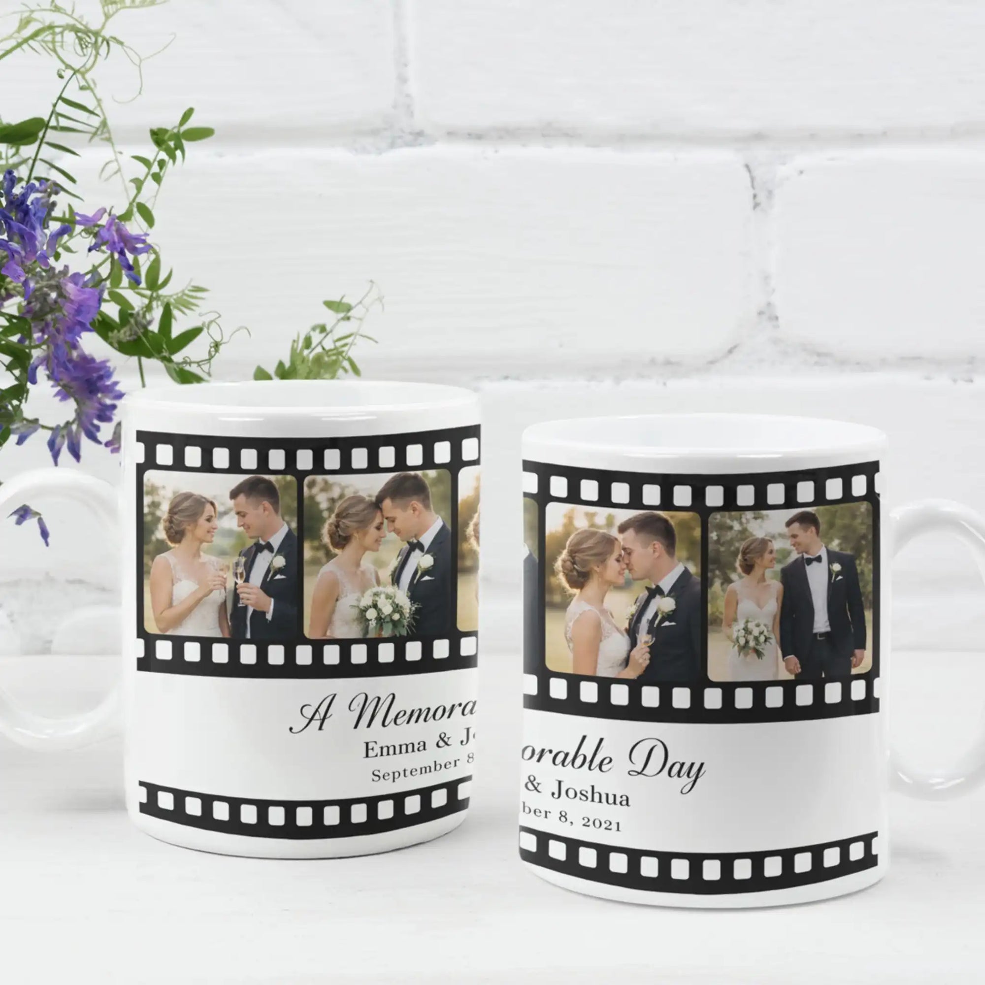 Custom photo mug with romantic couple images in film strip design