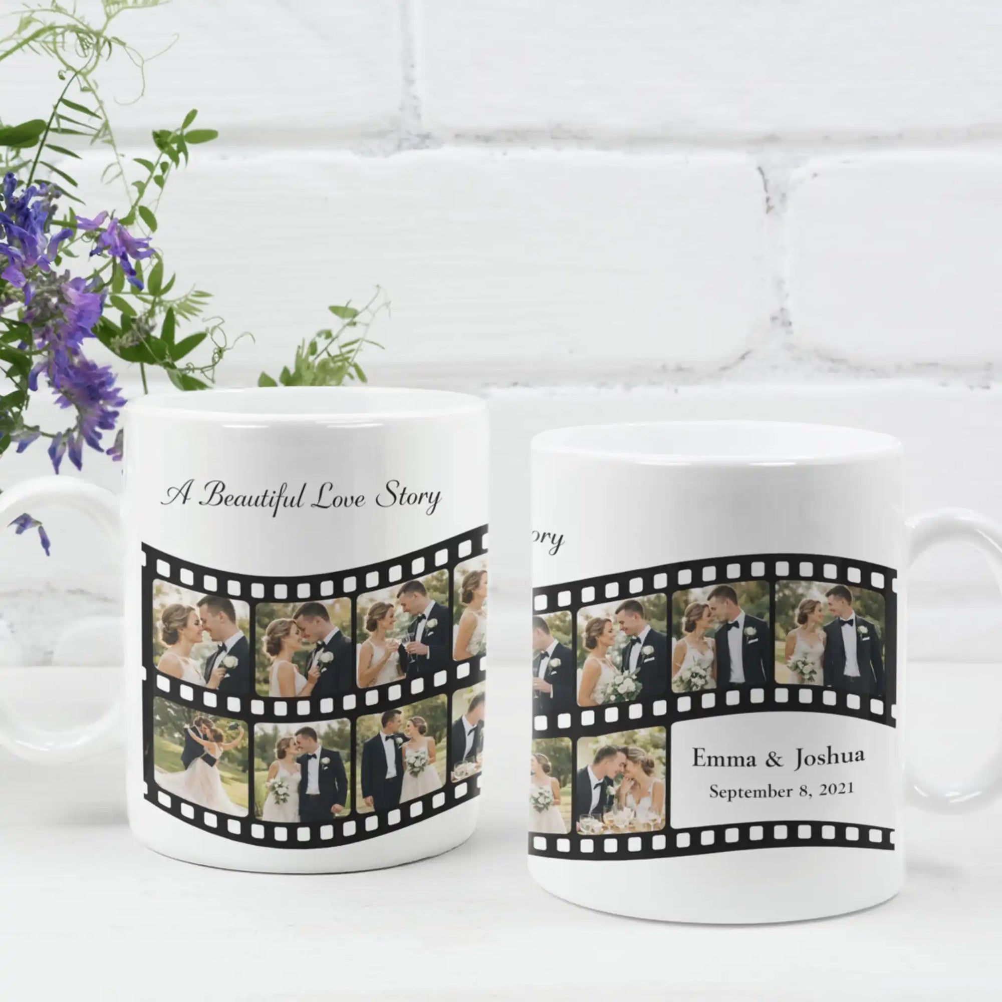 Personalised coffee mug with romantic film strip photos, Valentine’s Day gift