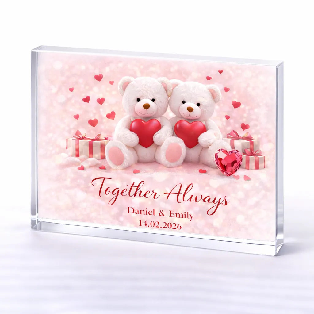 Personalised teddy bear couple crystal plaque – cute Valentine love keepsake gift