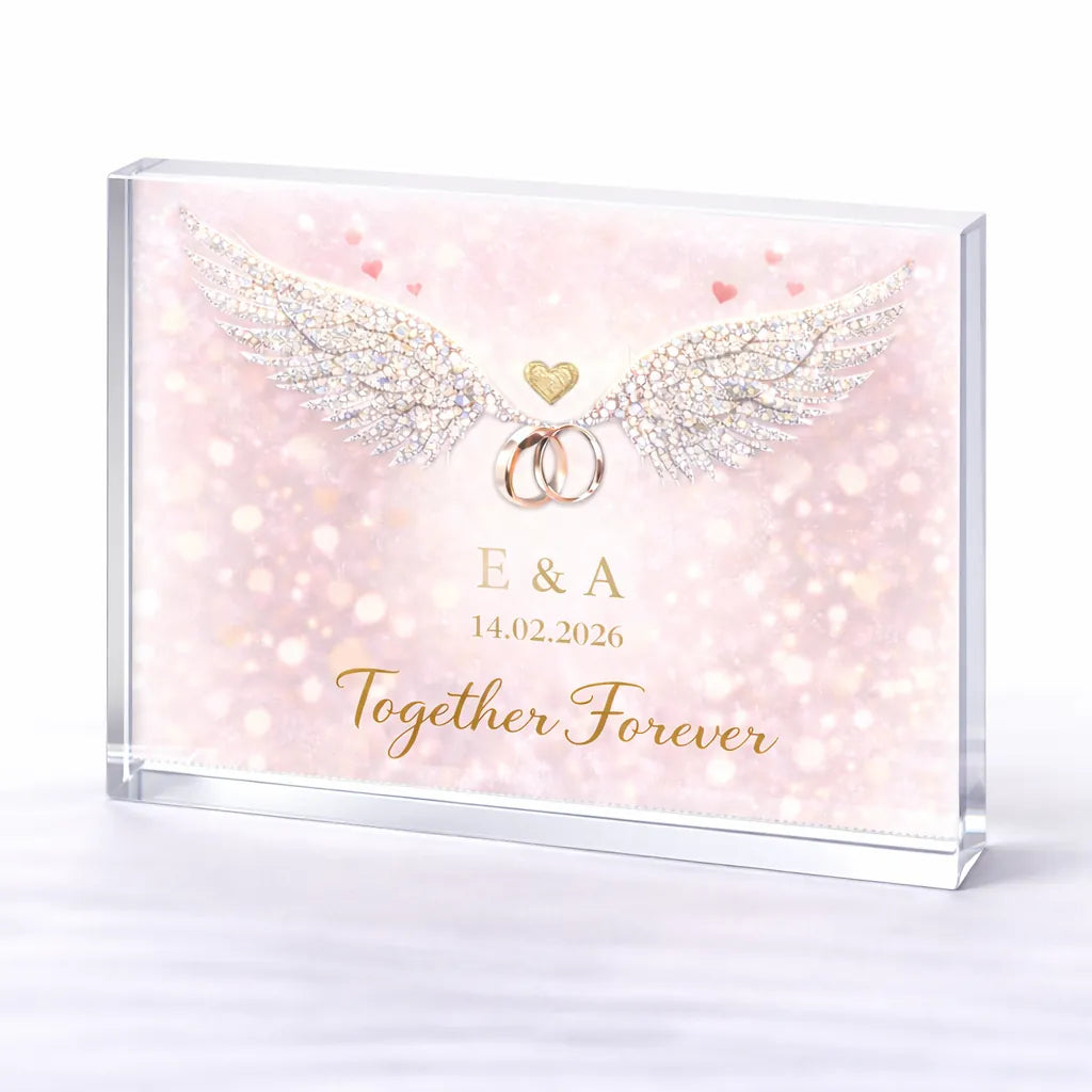 Personalised angel wings wedding crystal plaque – forever love keepsake gift