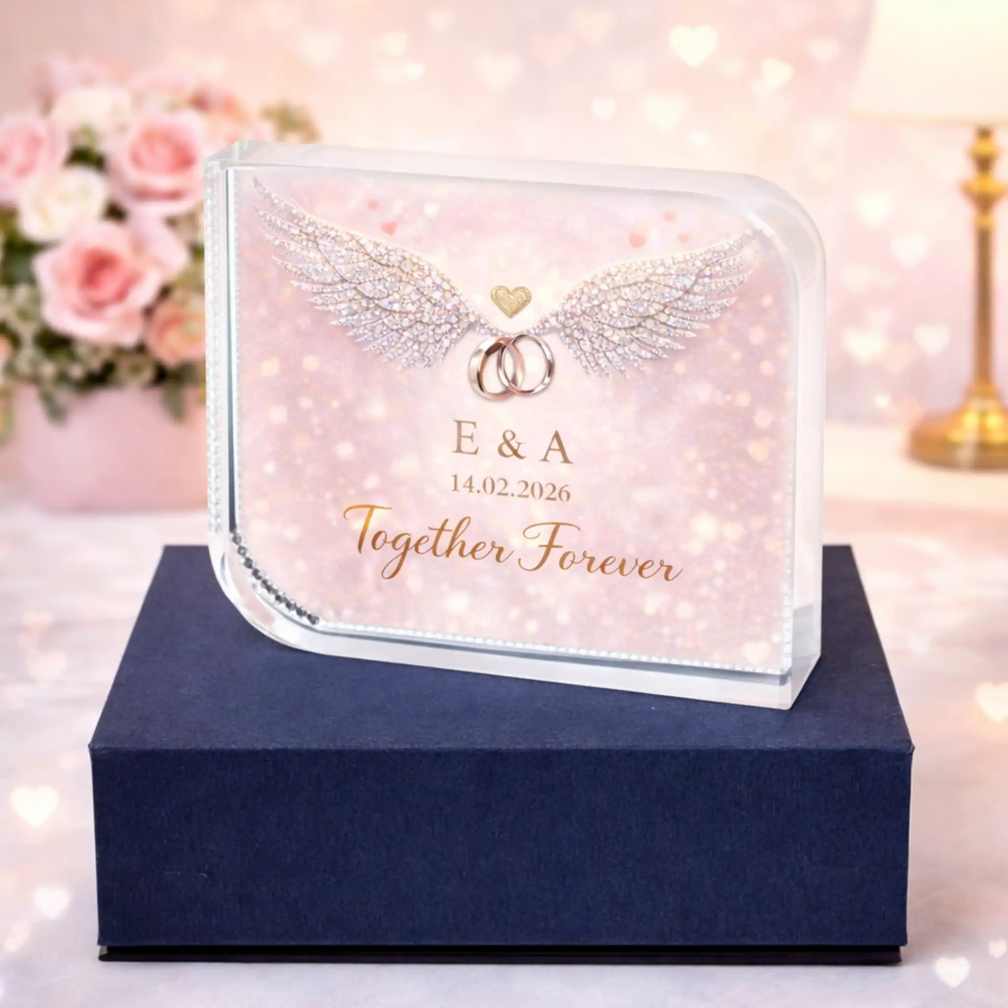 Angel wings personalised crystal plaque – wedding and engagement keepsake
