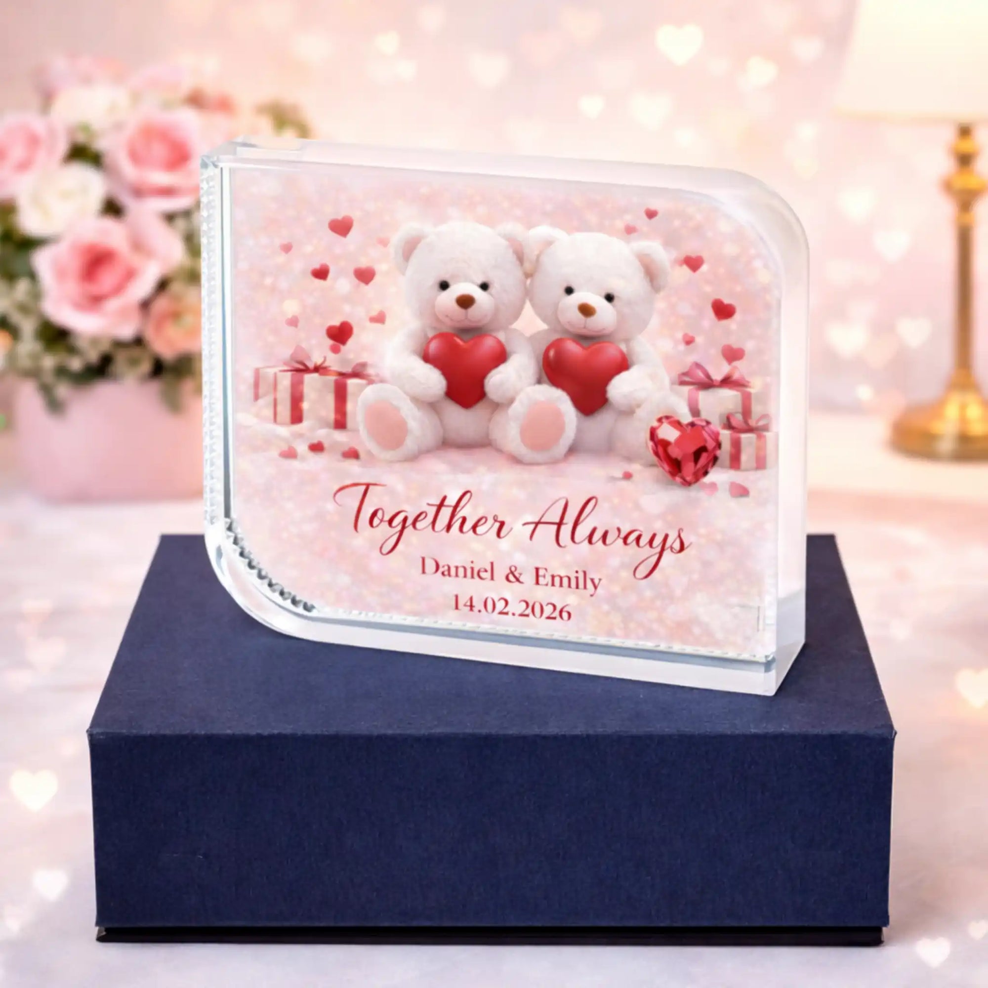Teddy bear Valentine crystal plaque – personalised romantic keepsake