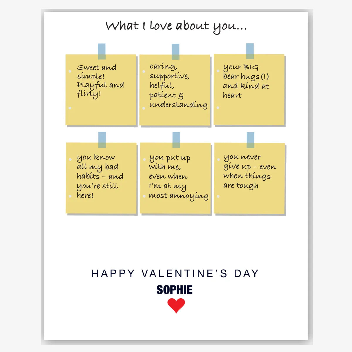What I Love About You Notes – Personalised Card – personalised Valentine card, custom romantic greeting or anniversary card; make your own unique card.