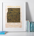 Personalised “Where It All Began” map wall art with custom dates, names, and gold line design.