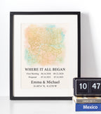 Where It All Began personalised watercolor map print with relationship dates, custom romantic gift for couples.