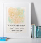 Where It All Began personalised watercolor map print with meaningful couple dates, romantic custom gift.