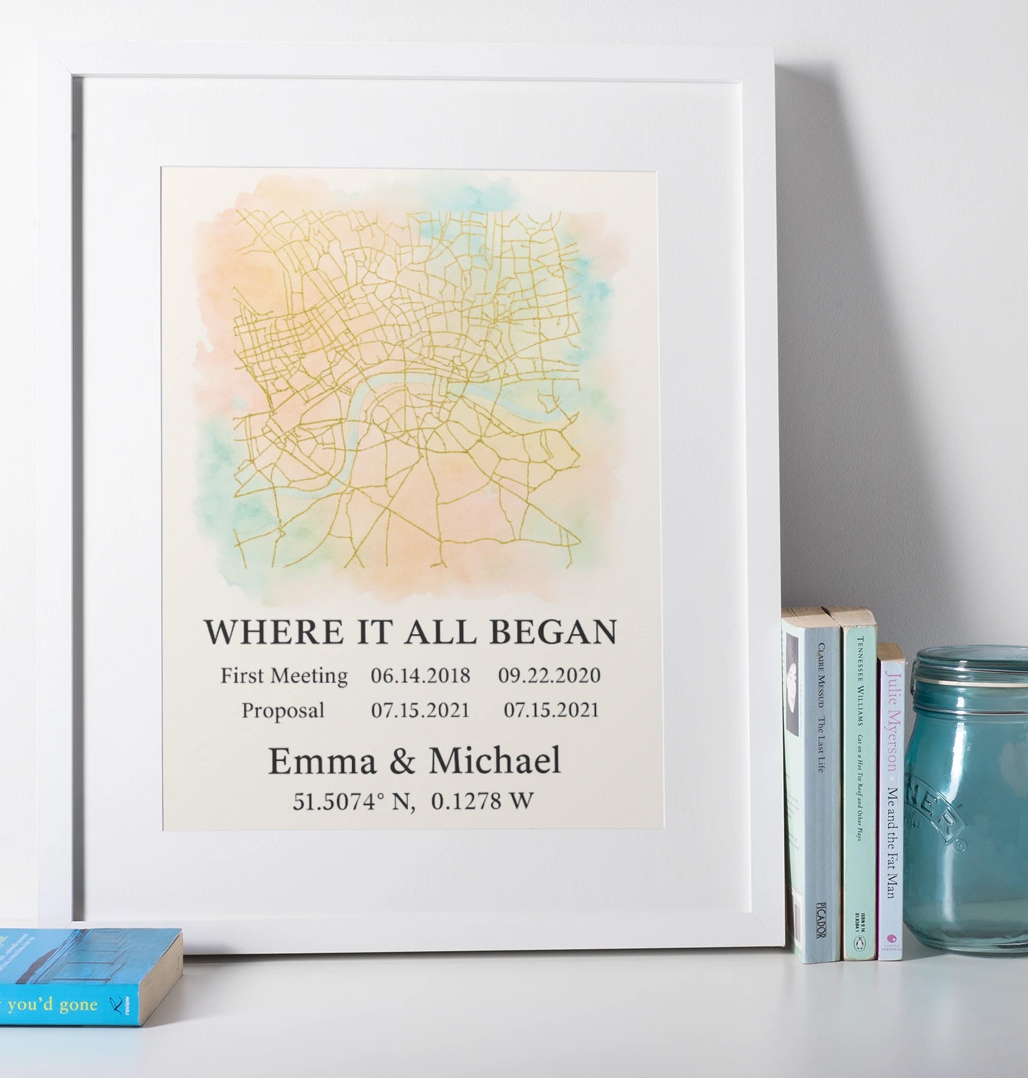 Where It All Began personalised watercolor map print with meaningful couple dates, romantic custom gift.