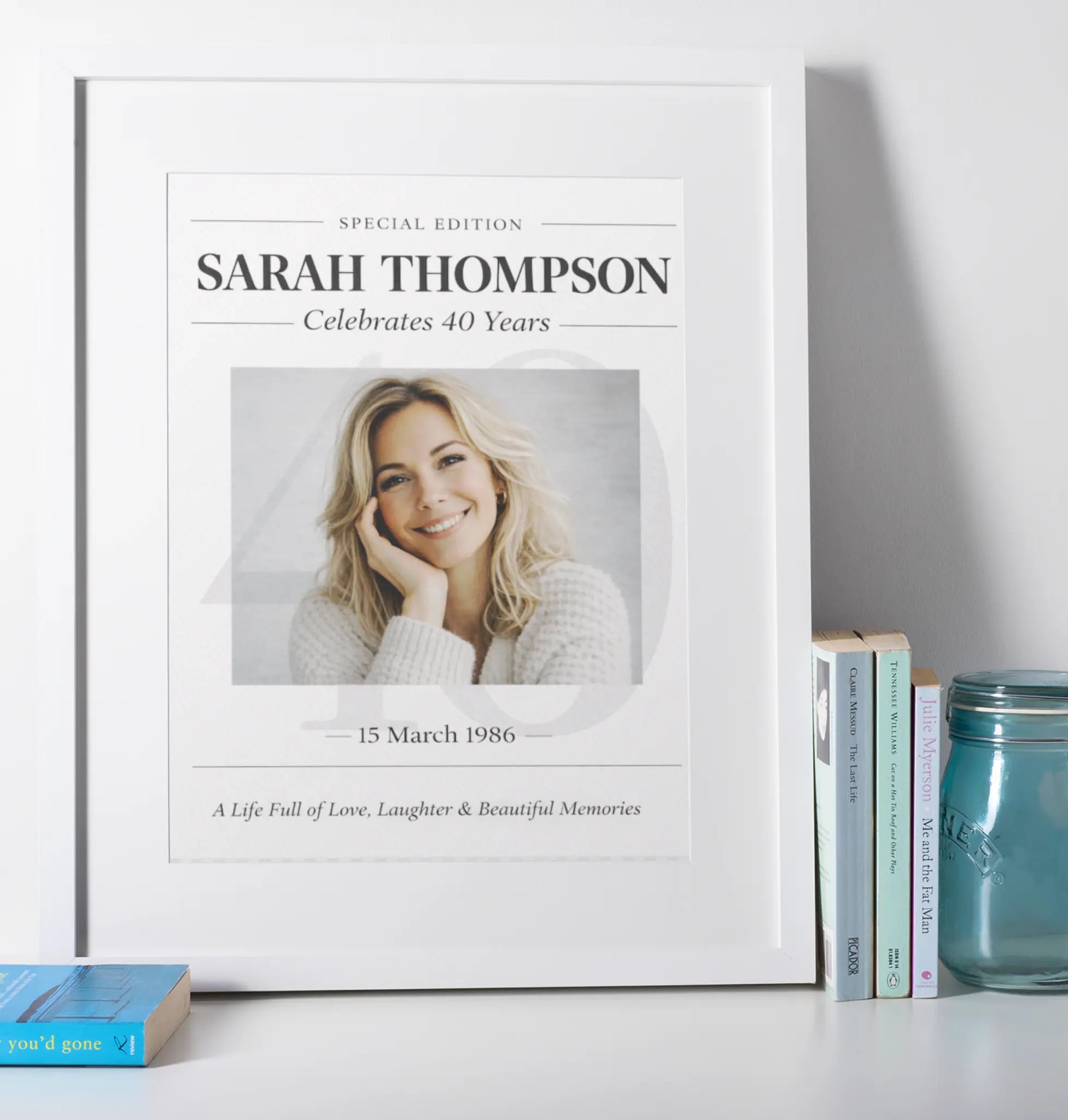 Personalised 40th birthday milestone timeline wall art print with photo, custom name and life events – elegant framed birthday gift for her UK