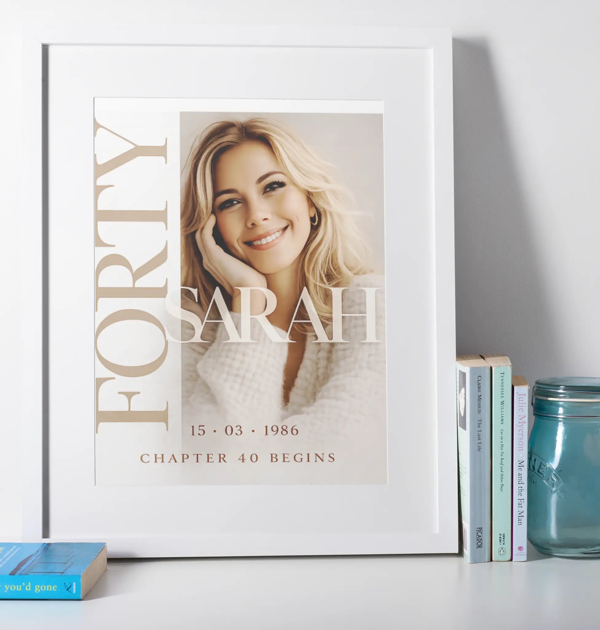 Minimalist personalised 40th birthday portrait wall art print with custom name and date, white framed gift for women UK