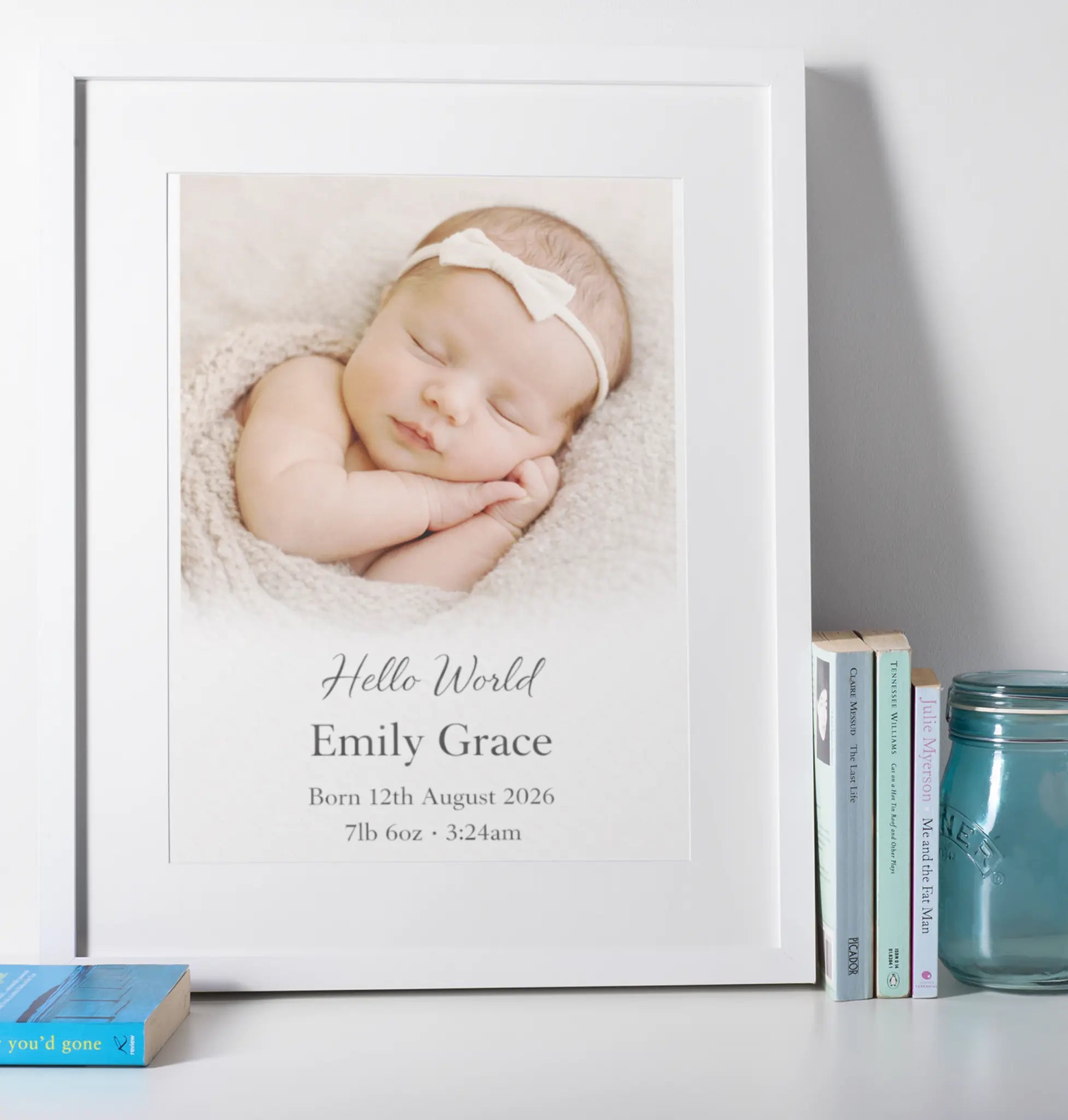 Personalised baby birth announcement wall art print with newborn photo, name, birth date, weight and time, white framed keepsake gift UK