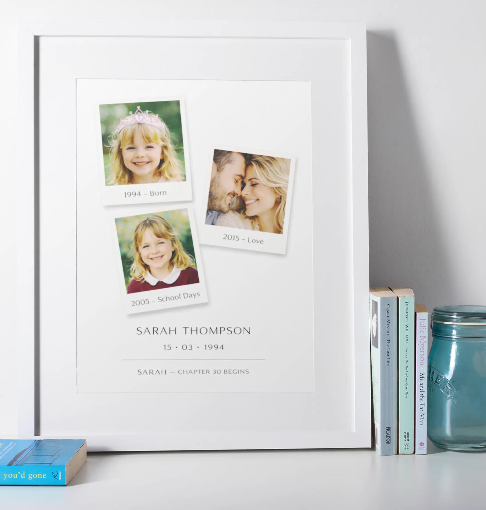 Personalised 30th birthday polaroid photo timeline wall art with name and dates, elegant white framed milestone gift UK