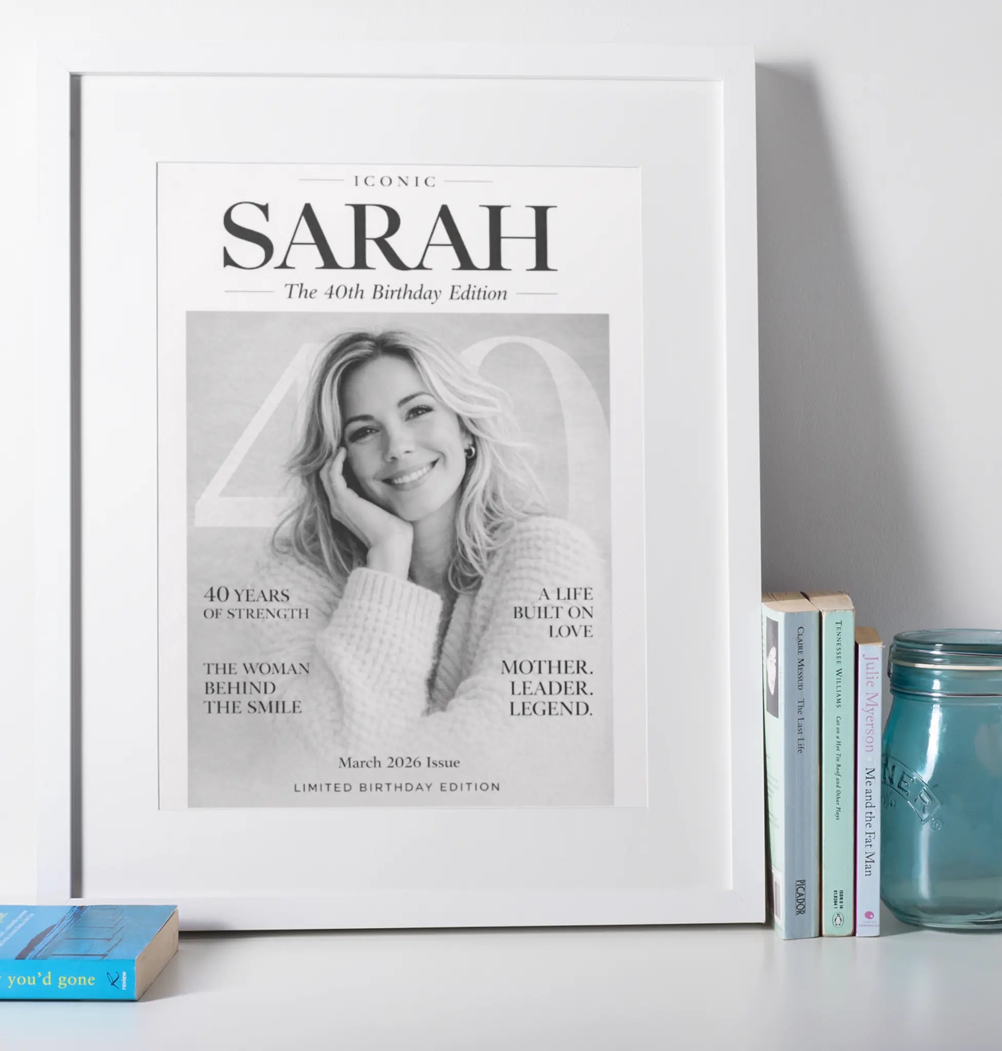 Personalised 40th birthday magazine edition wall art with custom photo and name, white framed birthday gift for her UK
