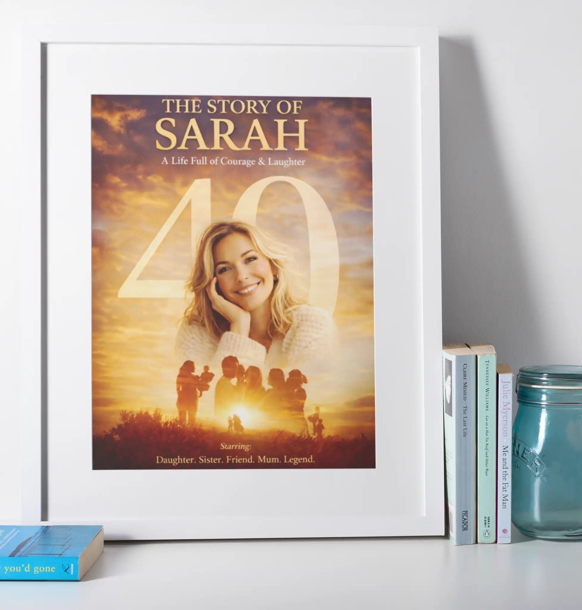 Personalised 40th birthday story themed wall art print with custom name and photo, white framed unique birthday gift UK
