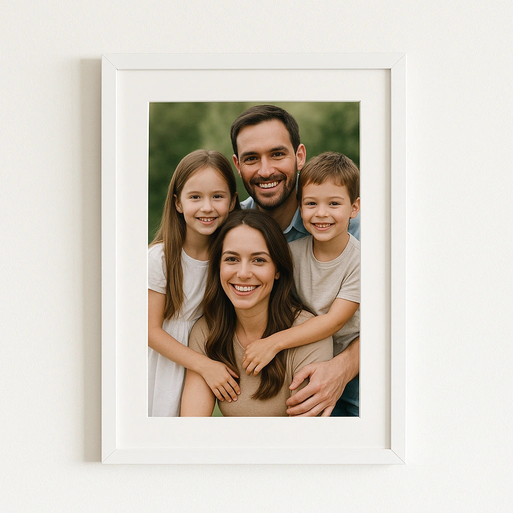 Custom photo frame gift displaying a family portrait, stylish personalised wall art.