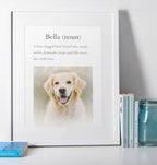 Personalised dog definition photo frame gift in white frame – custom pet name print for dog lovers UK