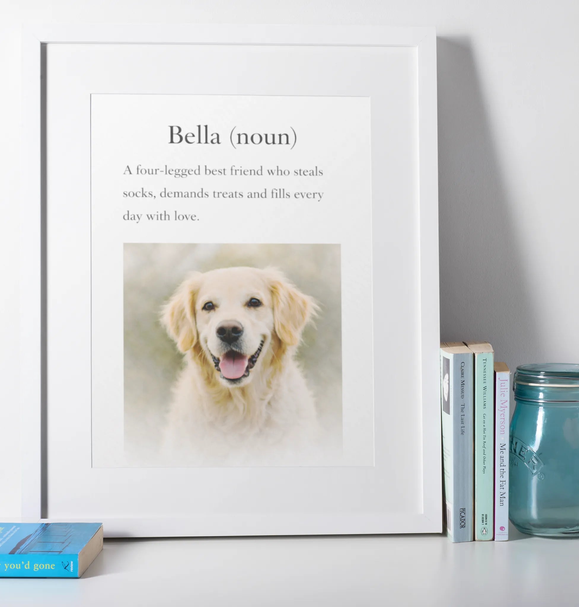 Personalised dog definition photo frame gift in white frame – custom pet name print for dog lovers UK