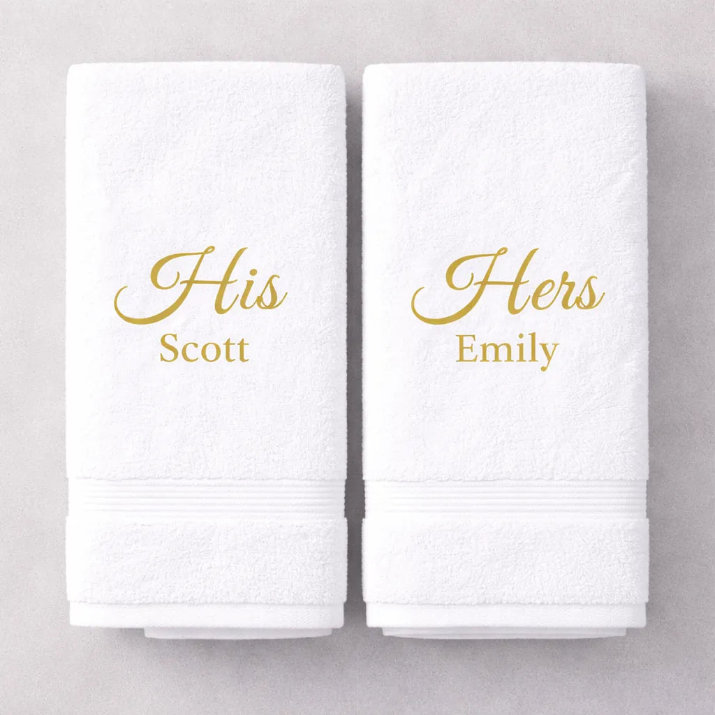 White luxury His and Hers towels with gold embroidered names – personalised couple gift