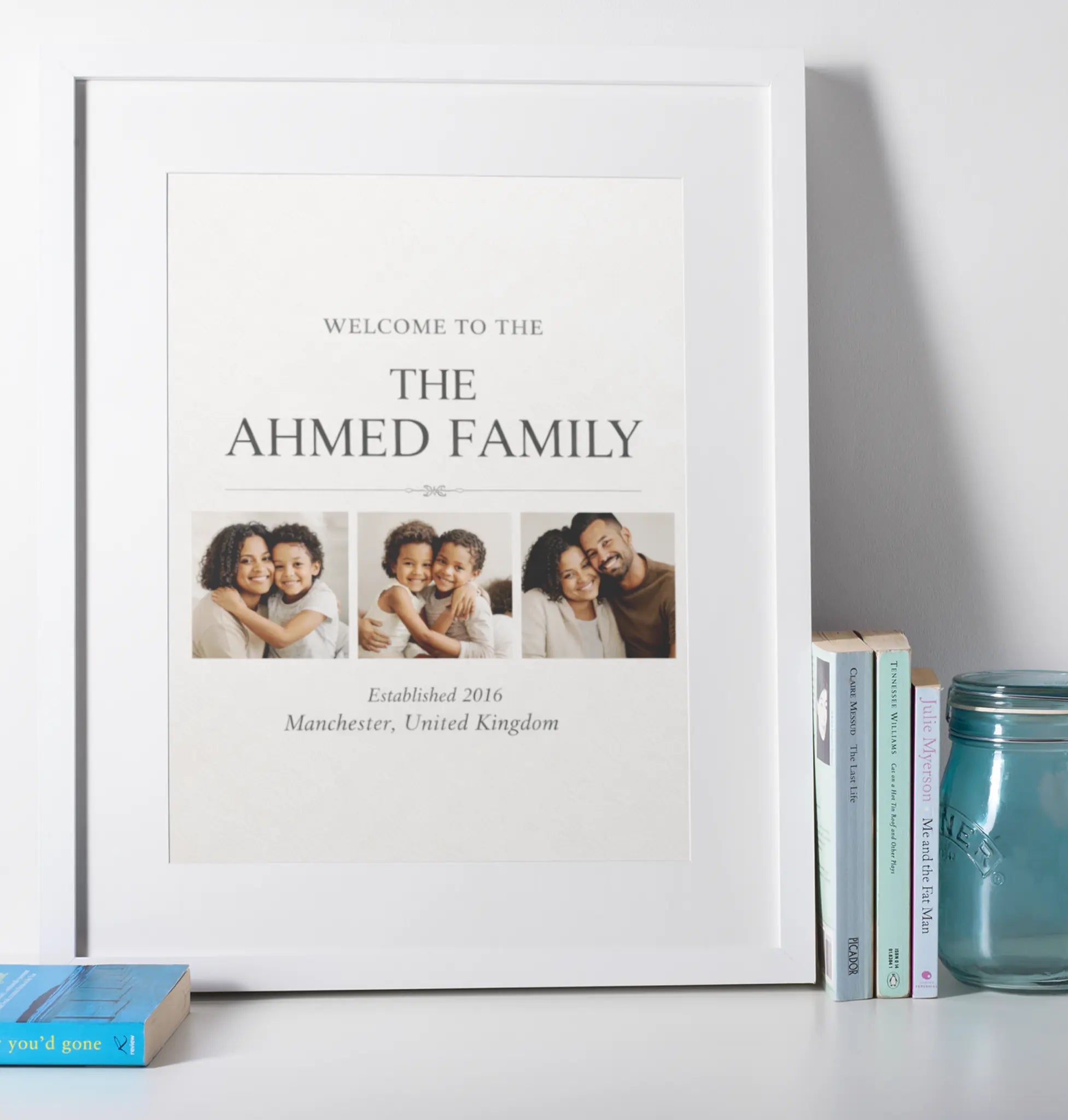 Personalised home sweet home family wall art print in white frame mockup, modern minimalist housewarming gift idea for UK homes – custom name and photo wall décor