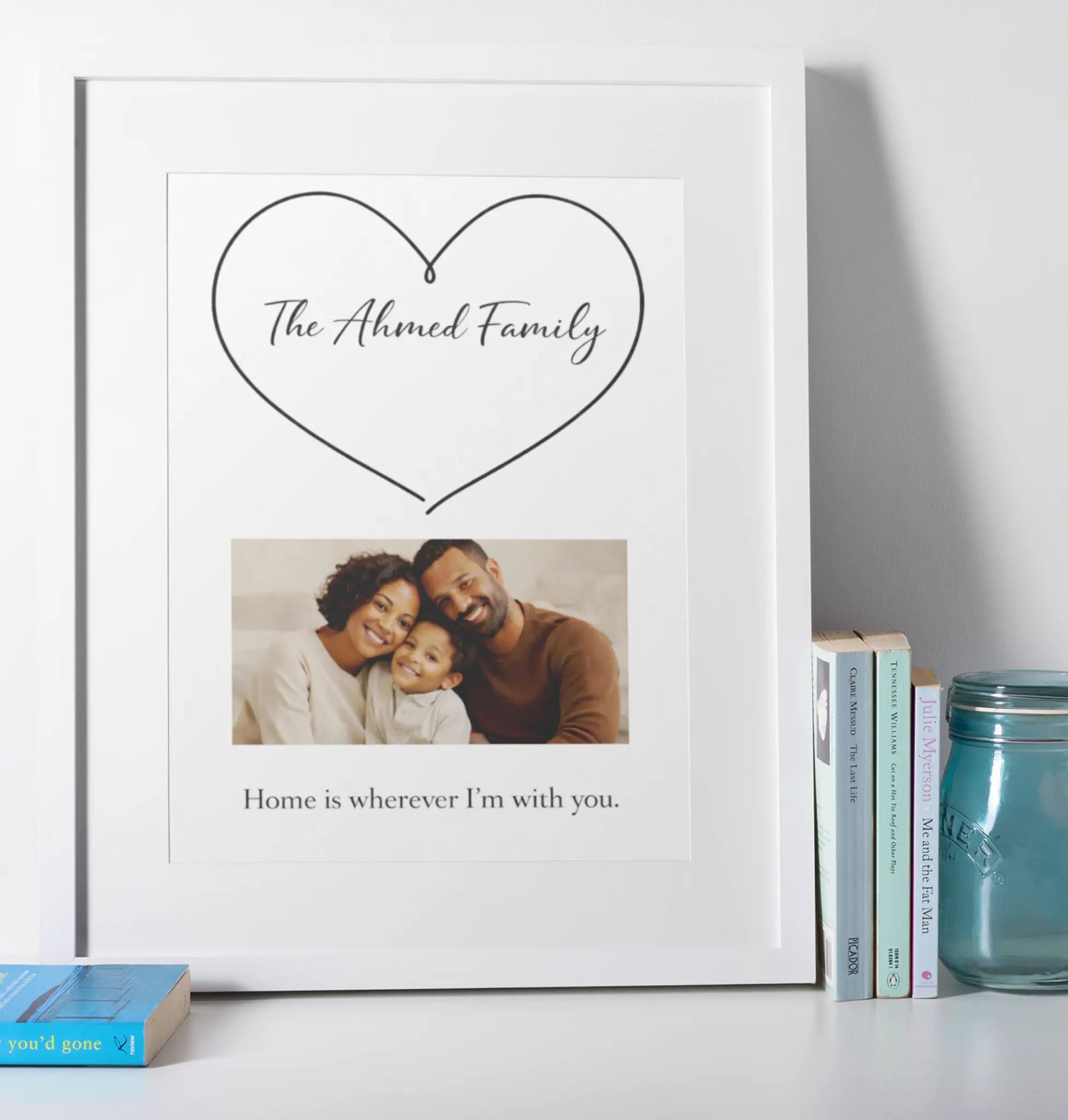 Personalised home sweet home family wall art print in white frame mockup, modern minimalist housewarming gift idea for UK homes – custom name and photo wall décor