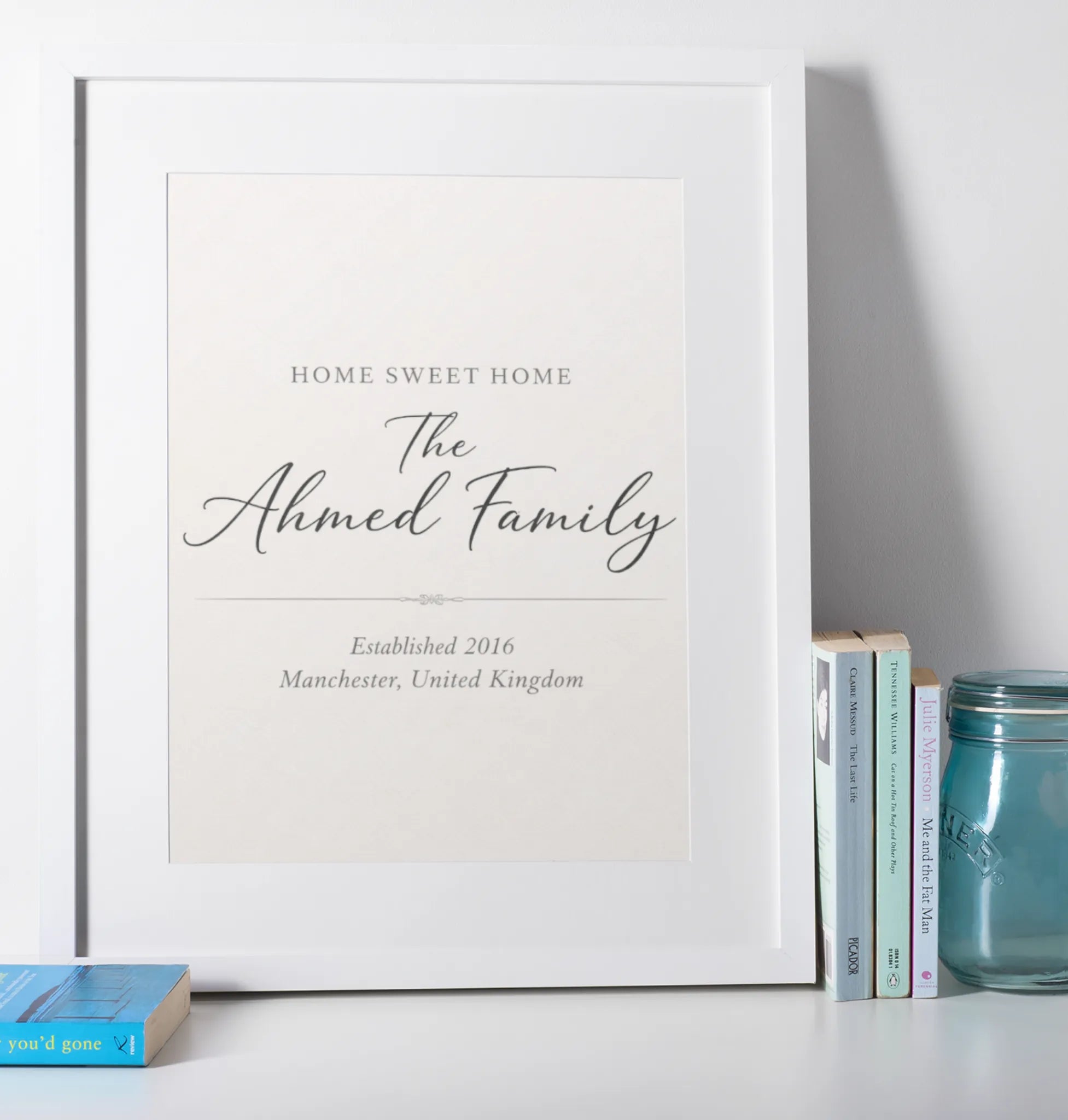 Personalised home sweet home family wall art print in white frame mockup, modern minimalist housewarming gift idea for UK homes – custom name and photo wall décor