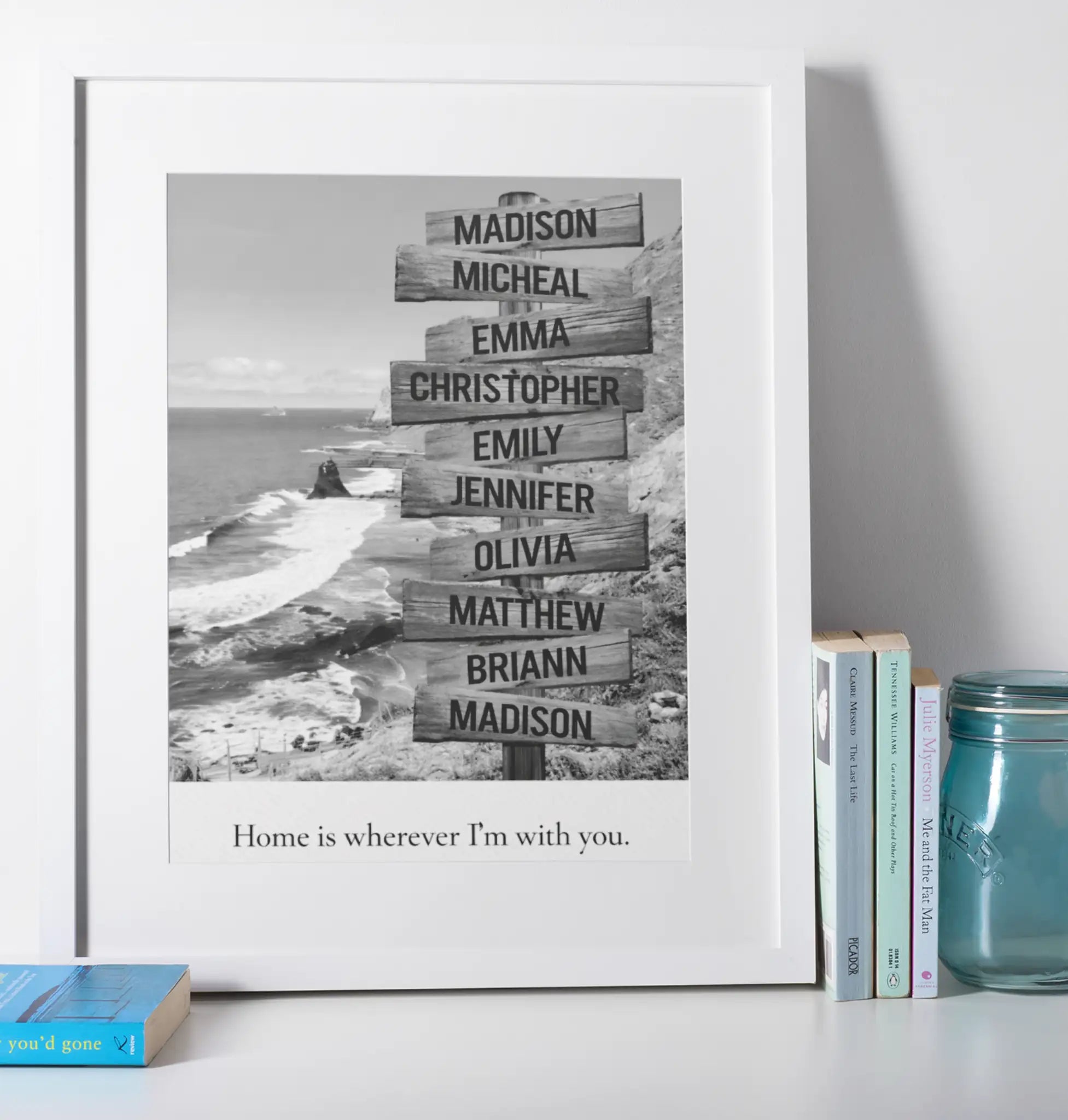 Personalised home sweet home family wall art print in white frame mockup, modern minimalist housewarming gift idea for UK homes – custom name and photo wall décor