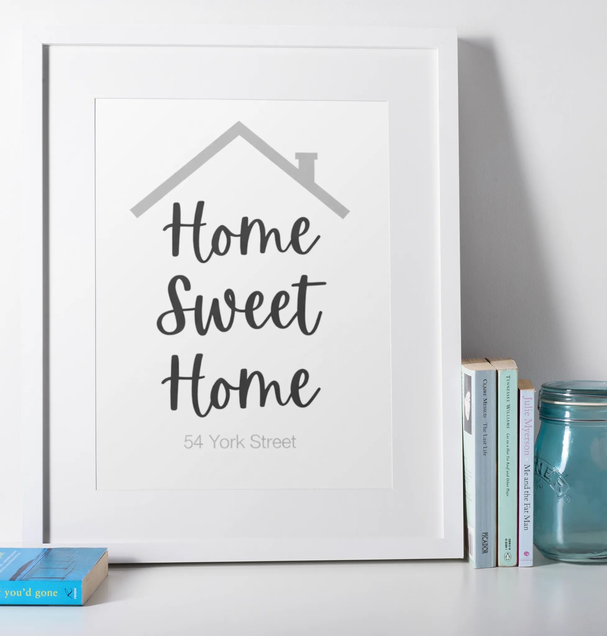 Personalised home sweet home family wall art print in white frame mockup, modern minimalist housewarming gift idea for UK homes – custom name and photo wall décor